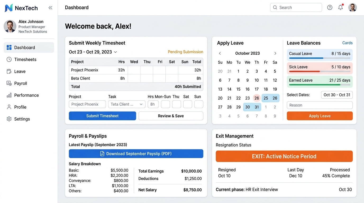 Keespark Employee Self-Service ESS Portal with Timesheets, Leave Balance, Payslip PDF and Resignation