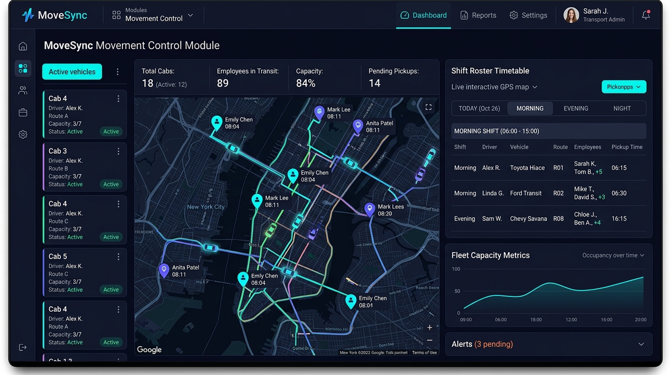 MoveSync Employee Cab Transport and Shift Roster Movement Control Software